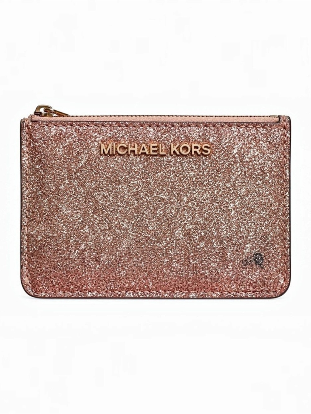 Michael Kors Rose Gold Glitter Zip Card Holder Coin Pouch Glam Sparkle